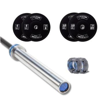 Imagem de Kit com 1 Barra Masculina com as presilhas 2 anilhas de 5kg 2 anilhas 