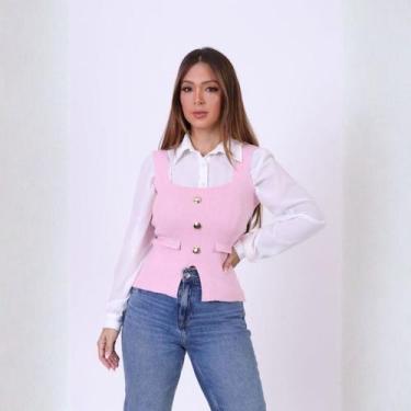 Imagem de Colete Feminino Tricot Gola Quadrada Inverno Luxo com Botões Dourados 