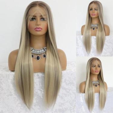 Imagem de Peruca Sintética Longa Lisa Loiro Acinzentado Com Renda Frontal 13x4 P
