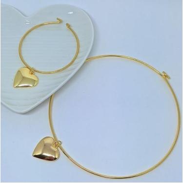 Imagem de Kit Conjunto Colar Choker e Pulseira Elo Aro com Pingente Pequeno Liso