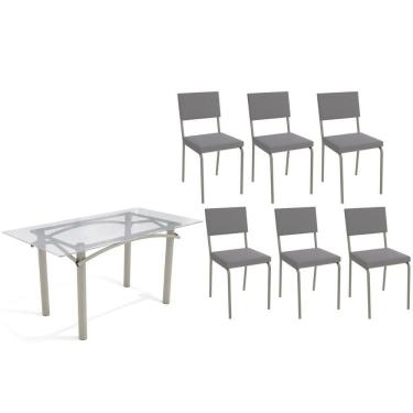 Imagem de Conjunto: Mesa Sala Jantar Elba C- Tampo De Vidro 150cm E 6 Cadeiras Zaria Niquel - Suede Cinza - Kappesberg