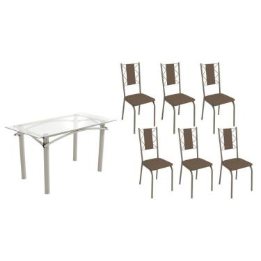 Imagem de Conjunto: Mesa Sala Jantar Elba C- Tampo De Vidro 150cm E 6 Cadeiras Lisboa Niquel - Courano Marrom - Kappesberg