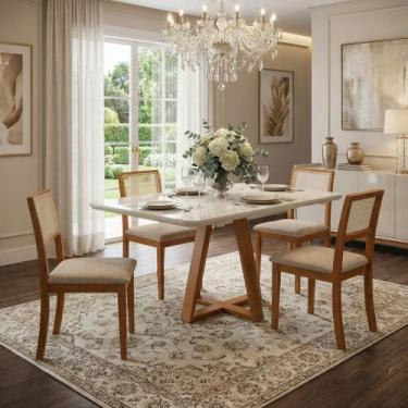 Imagem de Kit Conjunto 4 Cadeiras de Jantar Linho Bege Estofadas com Palha Sexta