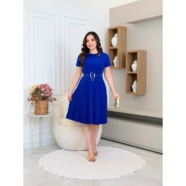 Imagem de Vestido Feminino Midi Plissado Terra Prometida, Azul, M