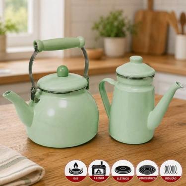 Imagem de Chaleira Bule Charm Jade Esmaltada Para Todos Fogão Kit 2pçs - Genéric