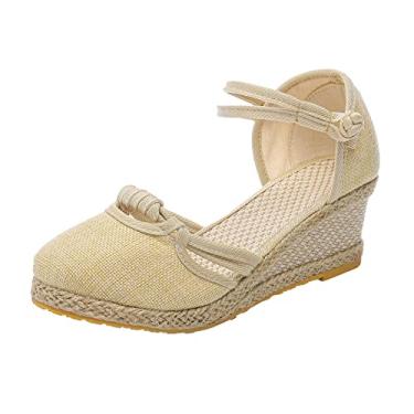 Imagem de Sandálias femininas confortáveis flor clipe dedo do pé verão sandálias de praia moda feminina boêmia plataforma vestido sapatos a8, Bege, 10