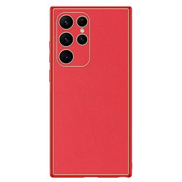 Imagem de DENSUL Capa de couro para Samsung Galaxy S22/S22 Plus/S22 Ultra, capa fina, lentes galvanizadas com proteção antirriscos, suporta carregamento sem fio, vermelha, S22 Ultra 6,8 polegadas