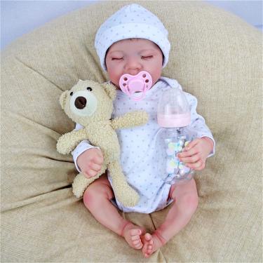 Imagem de Bebe reborn de silicone realista,bebê reborn menina de silicone,18 polegadas vinil macio bebê de silicone sólido Com órgãos genitais com biberão, tetina e bonecas bebê reborn acessórios,White,menino