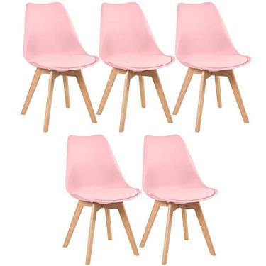 Imagem de Loft7, Conjunto Kit 5 Cadeiras Leda Com Assento Estofado, Encosto De Polipropileno E Pés De Madeira Natural, Elegante Sala De Jantar Cozinha Bar Varanda Gourmet, Rosa Claro