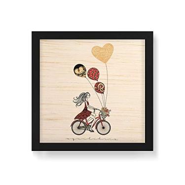 Imagem de Arte Maníacos Quadro Decorativo em Madeira Menina Bicileta e Balões - 30x30cm (Moldura caixa em laca preta)