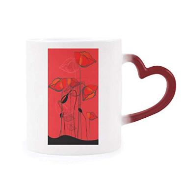 Imagem de Caneca vermelha de flor abstrata arte linha pintura milho sensível ao calor caneca vermelha muda de cor grés copo