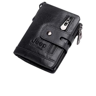 Imagem de Carteira masculina JEEP KAVIS BONWE, couro genuíno, dobrável, bolso para moedas, clipe para dinheiro, bloqueio de RFID, corrente, zíper, chaveiro (Preto)
