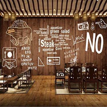 Imagem de SHINERING Papel de parede personalizado mural 3D placa de madeira texto bife churrasco panela quente fundo de restaurante papéis de parede decorativos decoração de casa mural 200 cm (C) × 140 cm (A)