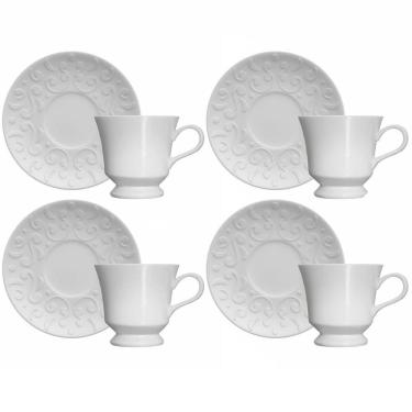 Imagem de Conjunto 4 Xícaras de Chá com Pires 80ml Porcelana em Relevo Tassel Germer Branco