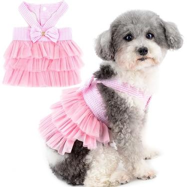 Imagem de Zunea Vestidos listrados para cães pequenos meninas verão tutu vestido de princesa com laço em camadas tule cães vestidos de festa de aniversário elegante suspensório roupas de filhote colete saia