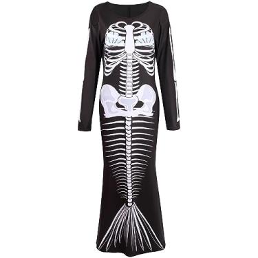 Imagem de GRAJTCIN Fantasia feminina de esqueleto de Halloween plus size Dia dos Mortos vestido longo, Sereia esqueleto, XXG