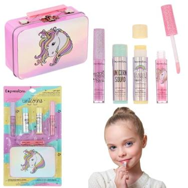 Imagem de Expressions - 5pc Cosmetics Lip Kit For Kids w/Lip Glosses, Lip Balms & Tin Box Storage Case,"I Believe in Unicorns" Hologrpahic,Washable + Non Toxic