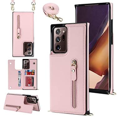 Imagem de YDIJCYAN Capa tipo carteira transversal para Samsung Galaxy Note 20 Ultra com compartimento para cartão com bloqueio de RFID, capa de carteira magnética, bolsa de couro PU com zíper e alça de cordão removível - rosa