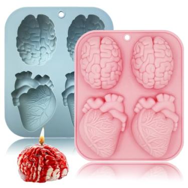 Imagem de Moldes de silicone 3D para cérebro humano e coração, pacote com 2 formas realistas de órgão de Halloween, formas de silicone para pudim de chocolate, sobremesa, geléia, sabonete, vela feita à mão,