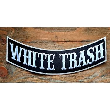 Imagem de KMA White Trash Biker Rocker Patch 30,5 x 7,5 cm para jaqueta colete de couro, preto