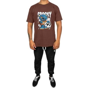 Imagem de Kit Conjunto Masculino Camiseta Algodão e Calça Moletom Casual Estampado Urso Azul (Marrom, M)
