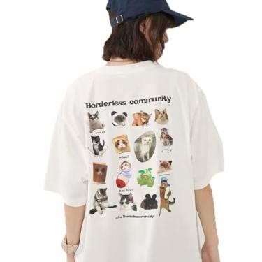 Imagem de Cinyifaan Camiseta feminina vintage estampada de gato manga curta túnica solta gótica grande punk camisas largas, Branco, M