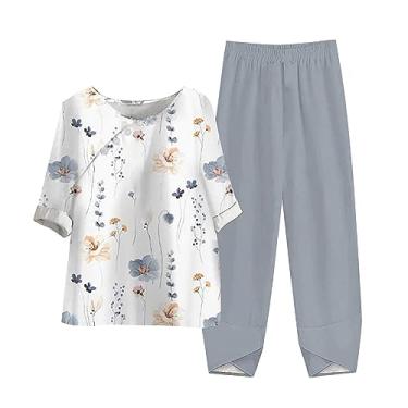 Imagem de Roupas femininas de verão 2024 na moda 2 peças roupas de férias de linho com botões e estampa floral e conjunto de perna larga, E, G