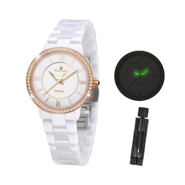 Imagem de GUANHAO Relógio feminino fashion simples com mostrador de diamante, quartzo, à prova d'água, relógio de pulso feminino com pulseira de cerâmica branca, N - ouro branco, Tendência