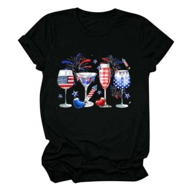Imagem de Camiseta feminina Independence Day 4 de julho, taças de vinho, estampada, gola redonda, manga curta, Preto, P