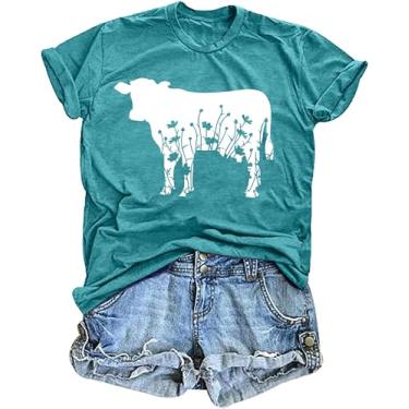 Imagem de Camiseta feminina vaca vaca gado vaqueira camiseta engraçada estampa animal vintage camiseta western camiseta Farm Life Tops, Floral-ciano, GG