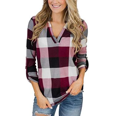 Imagem de JMMSlmax Camisas femininas modernas para outono para o trabalho, básicas, casuais, gola V, estampa xadrez, manga 3/4, blusas de outono elegantes, A5 - Vermelho, P