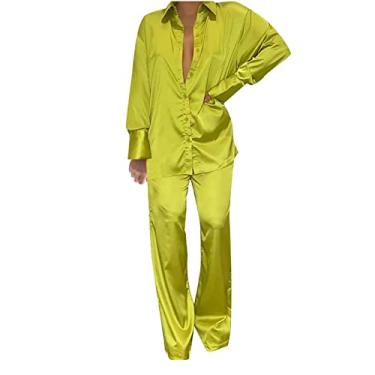 Imagem de Conjunto de blusa feminina com estampa de calça e shorts de seda sintética, 2 peças, outono, verão, 2024, I-565 amarelo mostarda, G
