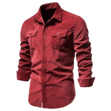 Imagem de BoShiNuo Camisas masculinas de veludo cotelê de algodão outono cor sólida slim fit casual manga longa camisa social para homens, Vermelho, M