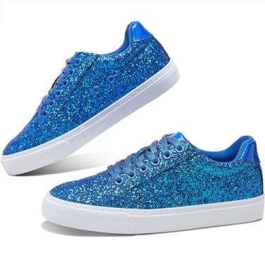 Imagem de Jeekopeg Tênis moderno brilhante com glitter, sapatos casuais brilhantes com lantejoulas, concerto, corte baixo, cadarço, Glitter azul royal, 37/38 BR