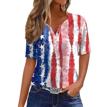 Imagem de Camiseta feminina bandeira americana Dia da Independência Patriótica Top 4th of July Star Stripe Graphic Blusa gola V Button Down Túnica, Vermelho melancia, G