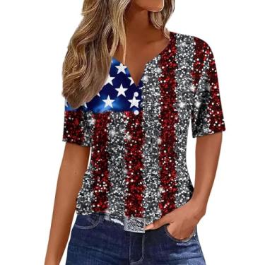 Imagem de Camiseta feminina 4 de julho brilhante bandeira americana patriótica top 2024 verão dia da independência blusa gola V abotoada, Preto, 3G
