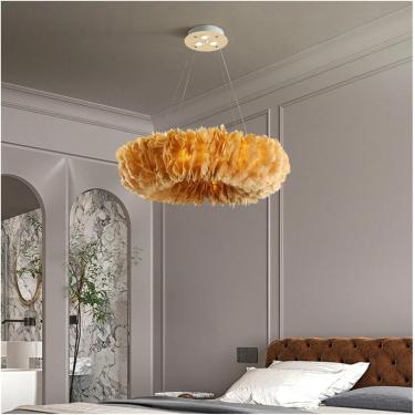 Imagem de Lustre moderno, luminária pendente de LED, pena branca com penas para pendurar na cozinha do quarto, rosa, 60 cm