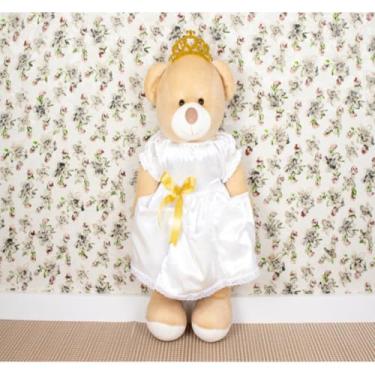 Imagem de Urso de Pelúcia Porta Fraldas com Vestido com lese, Coroa Dourada - 65 cm (CETIM BRANCO)