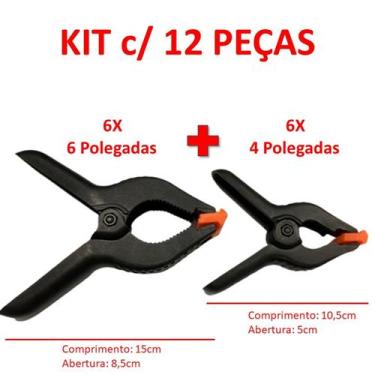 Imagem de Kit 12 Grampo Pregador 6x 4Pol + 6x 6Pol Garra Pinça Presilha Grampo F