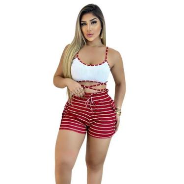 Imagem de Short Feminino Malha Vermelho Listrado AJustável com Top - Genérica, Ú