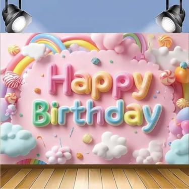Imagem de Fundo de fotografia rosa feliz aniversário pirulito nuvens céu rosa menina princesa 1º aniversário festa pano de fundo nuvens arco-íris e pirulito aniversário banner estúdio fotográfico vinil (2,1 x