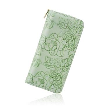 Imagem de WisePoint Carteira feminina, carteira feminina de couro PU, carteira feminina longa com flor, carteira clutch moderna para viagens, encontros, compras, festa, Verde, Requintado