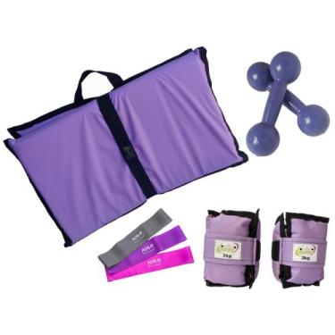 Imagem de Kit Tornozeleira 3KG Nylon Lilás + Halteres 3KG Lilás + Colchonete Dob