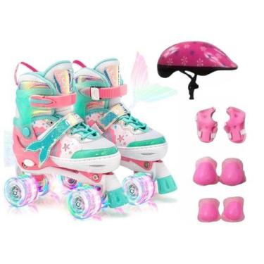 Imagem de Patins Roller Infantil Sport 4 Rodas Sereia Led c/ Kit Proteção, Rosa,