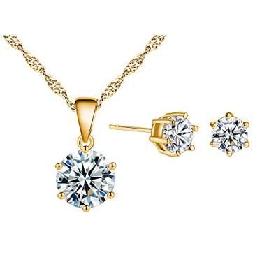 Imagem de Colar Zhang Trading Co., Ltd. banhado a ouro 18 K multicolorido corte redondo CZ + conjunto de brincos de pino Prata