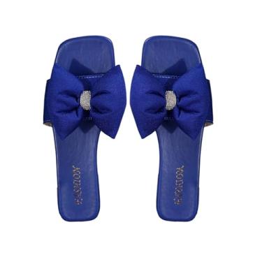 Imagem de OYOANGLE Sandália feminina de strass com laço brilhante e bico aberto, rasteira, sapato elegante, Azul royal, 37