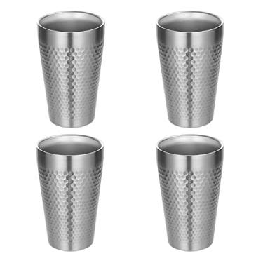 Imagem de UPTALY 4 copos de aço inoxidável (450ml / por, prata), copo com padrão de martelo de diamante, canecas de chá gelado leves, caneca de cerveja de parede dupla, copo de café de metal, para festa