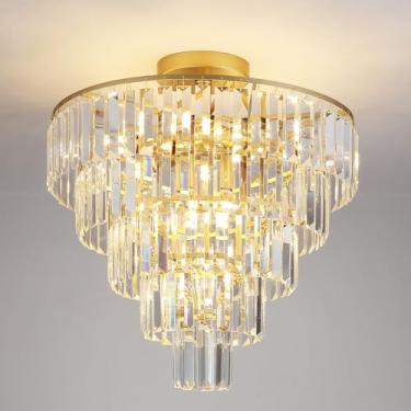 Imagem de QHANTOMIZE Lustre De Cristal De 20", Moderno, Dourado, Com 10 Lâmpadas, Luminária De Teto Semi-Embutida, De Cristal Redondo, Luxuosa, Para Sala De Jantar, Sala De Estar, Corredor, Soquetes E12