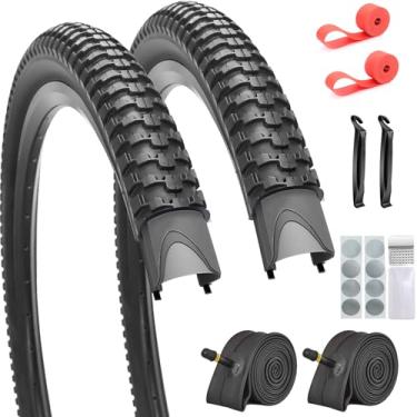 Imagem de Pacote com 2 pneus de bicicleta de 66 cm x 5,3 cm Mountain MTB dobráveis para bicicleta com 2 tubos internos, 2 alavancas, 2 tiras de aro, kit de remendos sem cola (26 x 2,1)