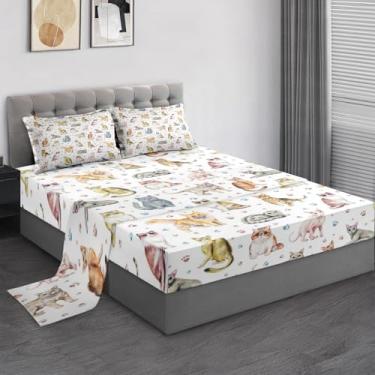 Imagem de Pamnest Jogo de lençol Queen de microfibra macia, pata de gato, azul, cinza, 4 peças, decoração de quarto de crianças e adultos, lençol com elástico e 2 fronhas